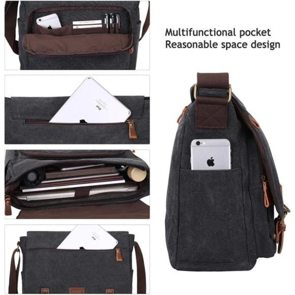 Vintage Canvas Messenger Bag Shoulder Bag 14 Inch Laptop Briefcase - Picture 5 of 6